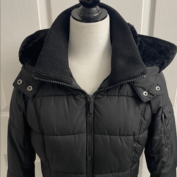 Parka Black Quilted Puffer Jacket With Detachable Hood Wind Water Resistant Sz S - Picture 2 of 16
